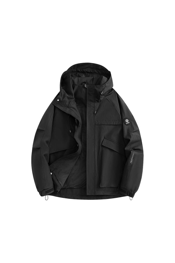 Hiking Jackets for Men Casual Fashion Solid Color Long Sleeved Hooded Zipper Pocket Sports Outdoor Jacket Outdoor Windbreaker Black XXL
