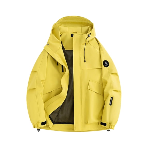 LpwkSSA Hiking Jackets for Men Casual Fashion Solid Color Long Sleeved Hooded Zipper Pocket Sports Outdoor Jacket Outdoor Windbreaker Yellow M