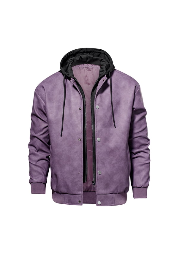 Hooded Men Leather Jacket Multiple Pockets Zipper Drawstring Loose Coat Solid Color Long Sleeved Hooded Leatherwear Loose Coat Purple XXXL