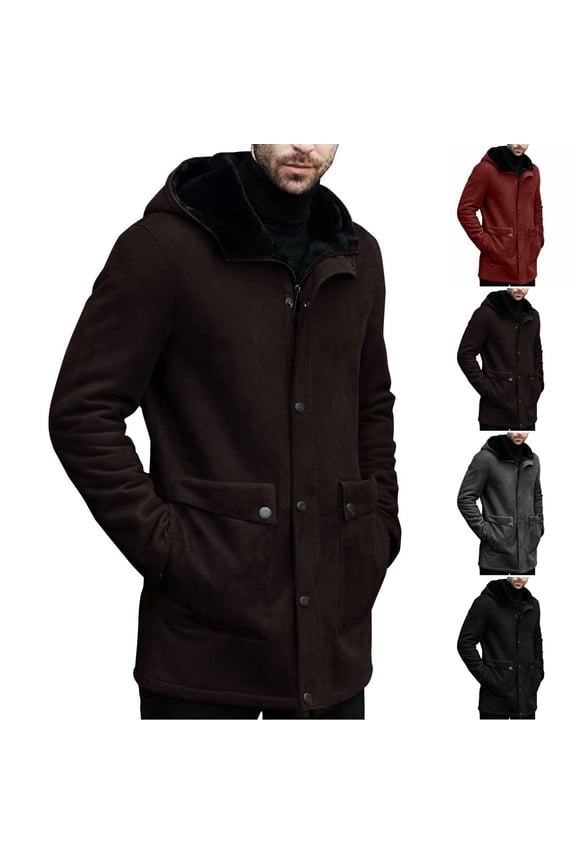 Jackets for Men Solid Color Suede with Thick Insulation Zipper Pocket Long Sleeved Hooded Casual Jacket Coat Black L