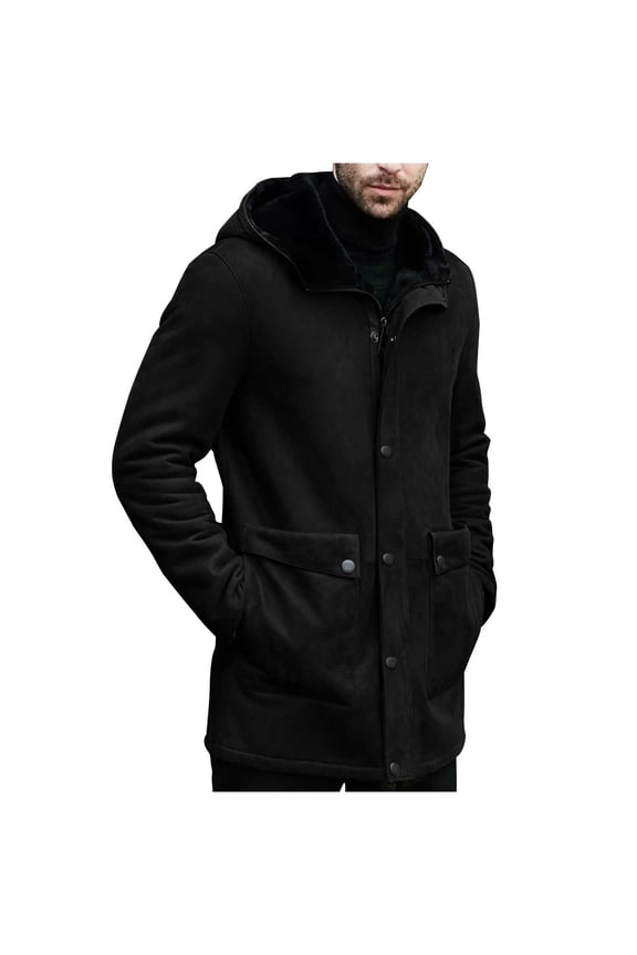 Jackets for Men Solid Color Suede with Thick Insulation Zipper Pocket Long Sleeved Hooded Casual Jacket Coat Black M