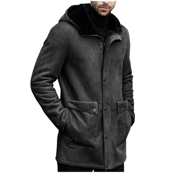 LpwkSSA Jackets for Men Solid Color Suede with Thick Insulation Zipper Pocket Long Sleeved Hooded Casual Jacket Coat Gray XXL