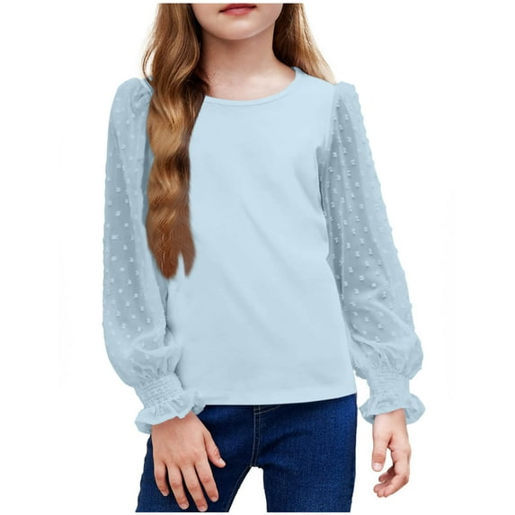 LpwkSSA Kids Girls Shirts Dressy Casual Round Neck Long Sleeve Blouses Solid Color Pompoms Lace Sleeve Comfy Tops (Blue,5-6 Years)