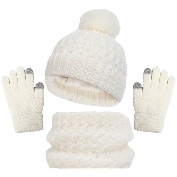 LpwkSSA Kids Winter Hat Gloves Scarf Set, Girls Toddler Winter Beanie Hat with Pom Knit Neck Warmer Gloves Fleece Lined Set (White,Free Size)