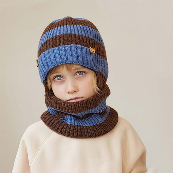 LpwkSSA Kids Winter Hat Scarf Set Warm Knit Thick Stripe Ski Cap Scarf Set For Girls Boys 1-11 Years (Brown,Free Size)