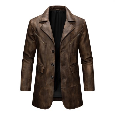 LpwkSSA Leather Jacket Men Long Sleeve Motorcycle Casual Fashion Coats Zip Up Turndown Collar Club Jacket Men with Pocket Brown S