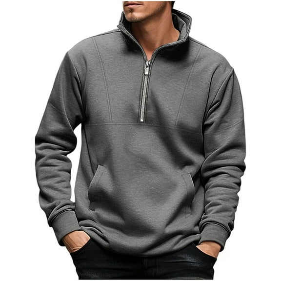 LpwkSSA Loose Fit Lightweight Sweatshirt for Men Quarter Zipper Solid Color Fashionable And Personalized Casual Sweatshirt with Front Pocket Gray M