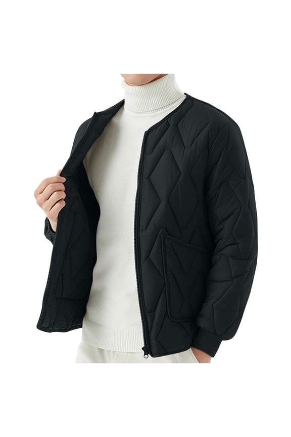 Man Fashion Puffer Jacket Zipper Pocket Strap Button Leisure Solid Color Tops Long Sleeves Cotton Jacket Mens Waterproof Jacket Great Gifts for Less Black L