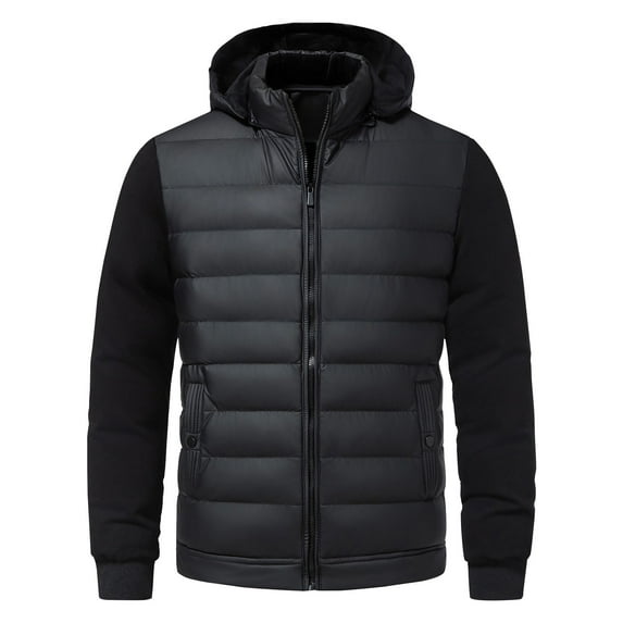 LpwkSSA Man's Short Padded Coats Casual Fashion Solid Color Splicing Together Hooded Jacket Stand Collar Long Sleeves Loose Coat Black L