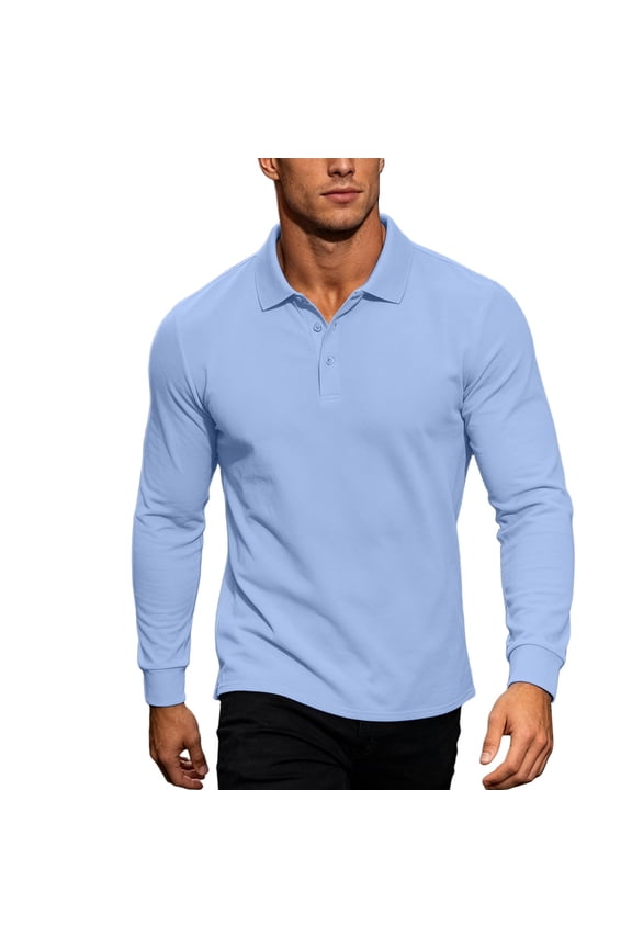 Men Long Sleeve Basic Shirt Standard Lapel Collar Two Button Placket Ribbed Wrist Cuff Wrinkle Free Regular Fit Outdoor Work Daily Top Blue M