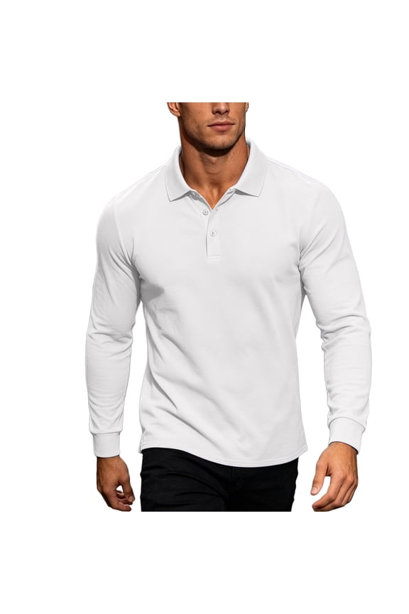 Men Long Sleeve Basic Shirt Standard Lapel Collar Two Button Placket Ribbed Wrist Cuff Wrinkle Free Regular Fit Outdoor Work Daily Top White M