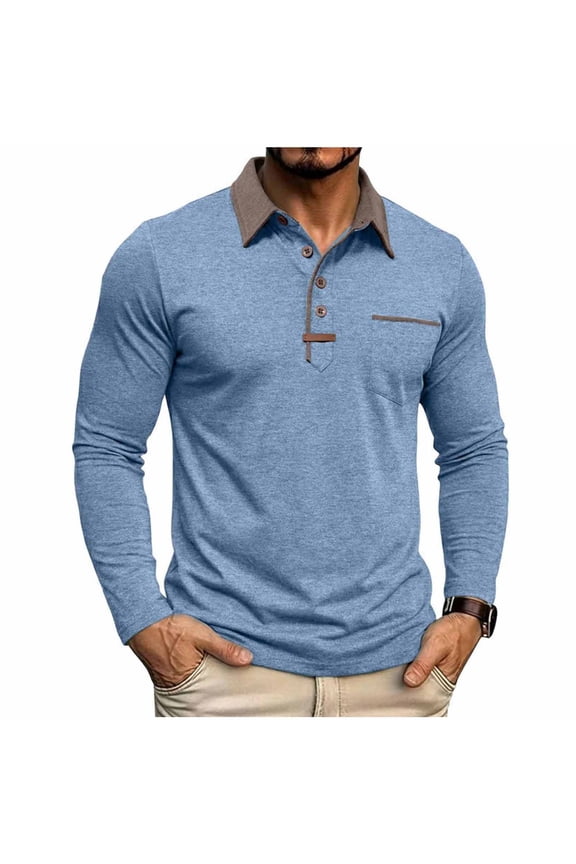 Men Long Sleeve Contrast Lapel Chest Pocket Shirt Three Button Placket Slim Stretch Wrinkle Resistant Commute Daily Smart Casual Long Sleeve Top Blue M