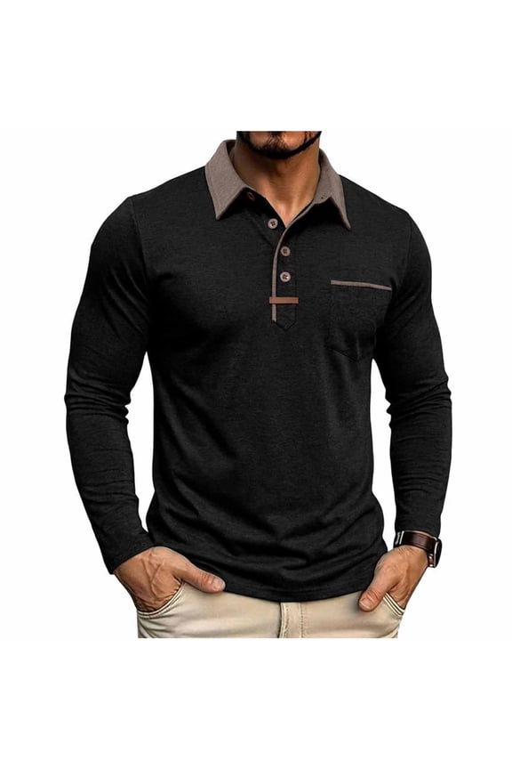 Men Long Sleeve Contrast Lapel Chest Pocket Shirt Three Button Placket Slim Stretch Wrinkle Resistant Commute Daily Smart Casual Long Sleeve Top Black M