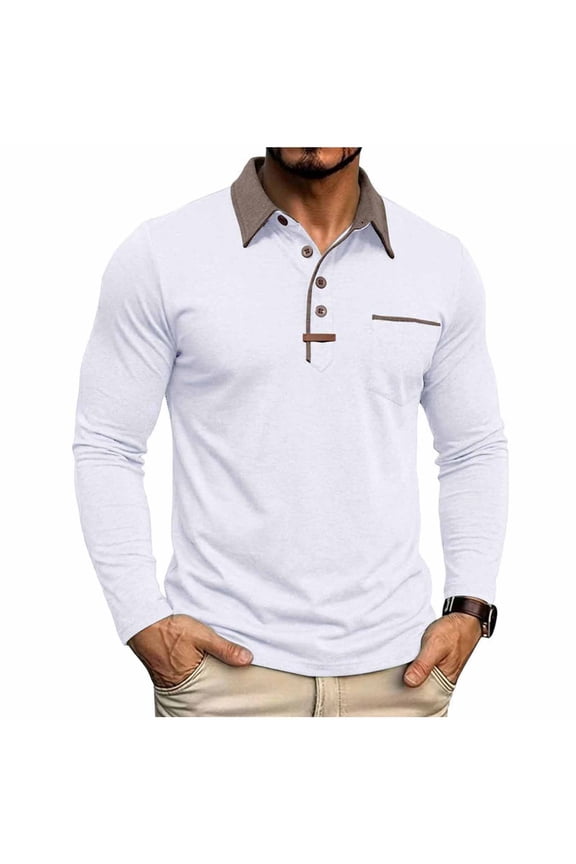 Men Long Sleeve Contrast Lapel Chest Pocket Shirt Three Button Placket Slim Stretch Wrinkle Resistant Commute Daily Smart Casual Long Sleeve Top White M