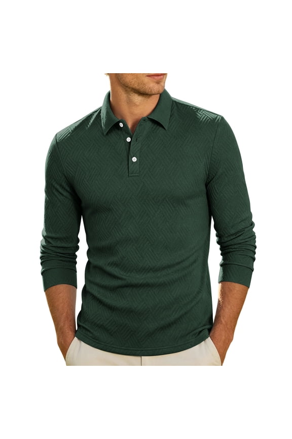 Men Long Sleeve Diamond Jacquard Textured Shirt Lapel Collar Three Button Placket Ribbed Cuff Hem Wrinkle Resistant Golf Resort Daily Casual Pullover Green S