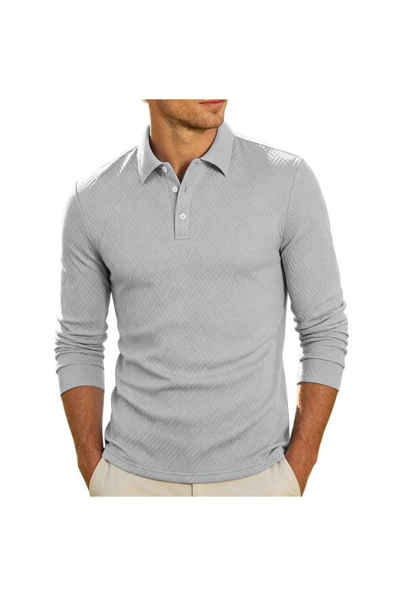 Men Long Sleeve Diamond Jacquard Textured Shirt Lapel Collar Three Button Placket Ribbed Cuff Hem Wrinkle Resistant Golf Resort Daily Casual Pullover Gray S