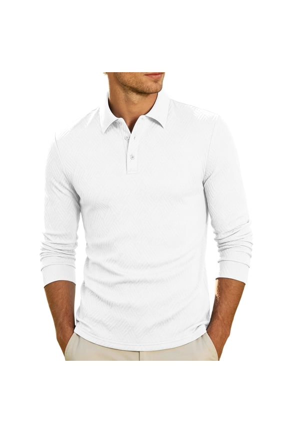 Men Long Sleeve Diamond Jacquard Textured Shirt Lapel Collar Three Button Placket Ribbed Cuff Hem Wrinkle Resistant Golf Resort Daily Casual Pullover White S