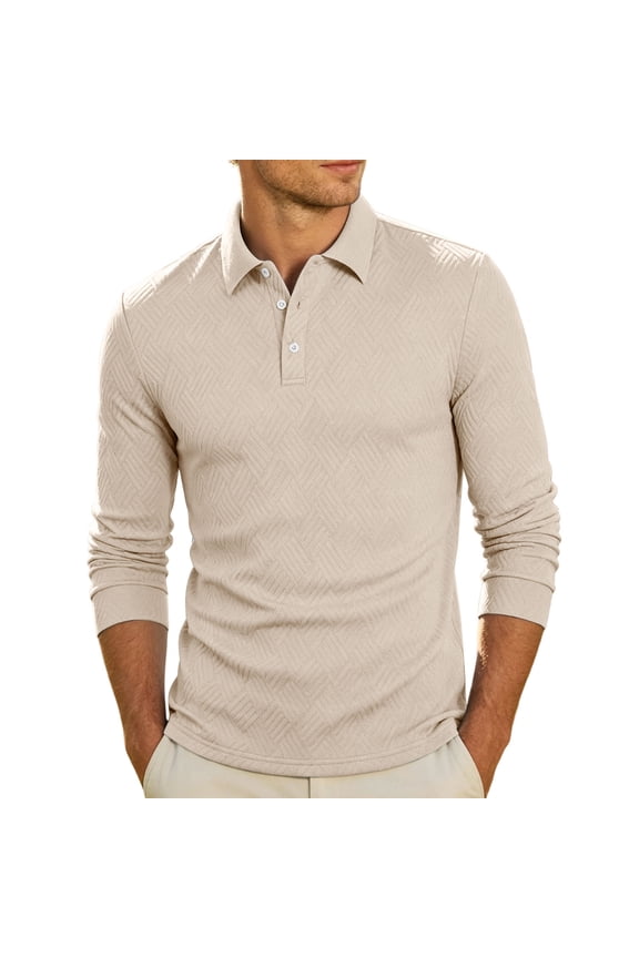 Men Long Sleeve Diamond Jacquard Textured Shirt Lapel Collar Three Button Placket Ribbed Cuff Hem Wrinkle Resistant Golf Resort Daily Casual Pullover Yellow S