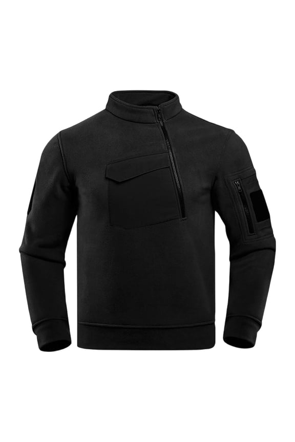 Men Long Sleeve Fleece Half Zip Stand Collar Sweatshirt Multi Zipper Chest Arm Pockets Ribbed Cuff Hem Windproof Outdoor Work Utility Pullover Black L
