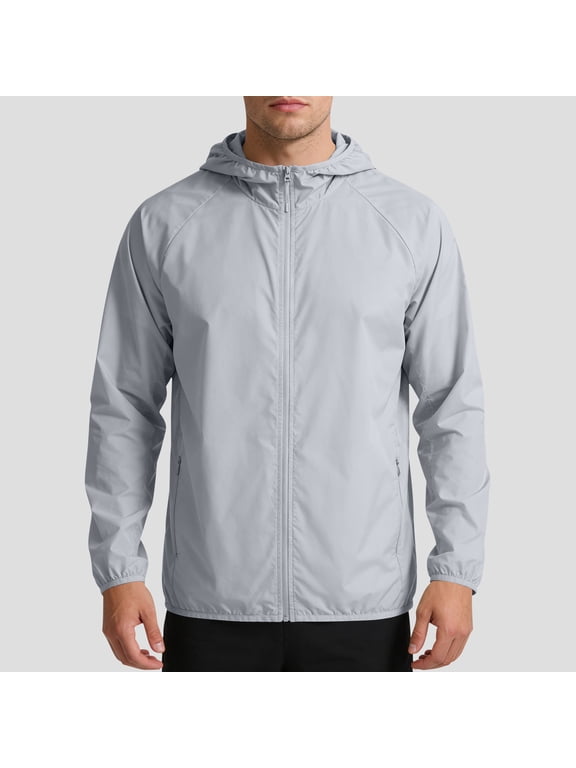 Men Long Sleeve Full Zip Hooded Windbreaker Lightweight Packable Raglan Sleeve Mesh Side Panels Elastic Cuff Hem Oversized Outdoor Travel Sun Protection Jacket Gray XXL
