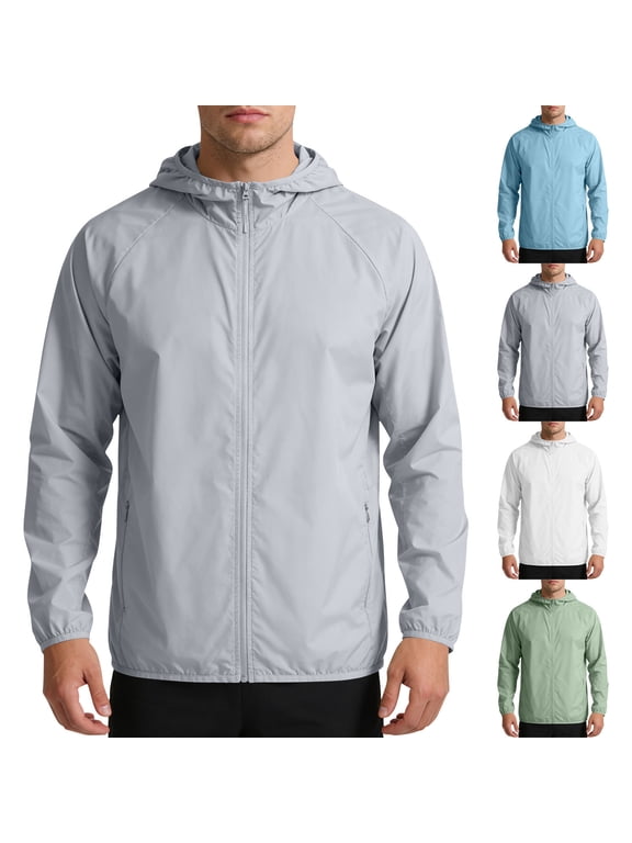 Men Long Sleeve Full Zip Hooded Windbreaker Lightweight Packable Raglan Sleeve Mesh Side Panels Elastic Cuff Hem Oversized Outdoor Travel Sun Protection Jacket Blue L