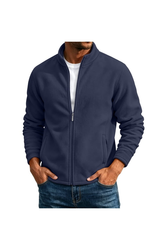 Men Long Sleeve Full Zip Stand Collar Polar Fleece Jacket Ribbed Cuff Hem Dual Side Hand Pockets Oversized Soft Windproof Transitional Outdoor Sweatshirt Blue M