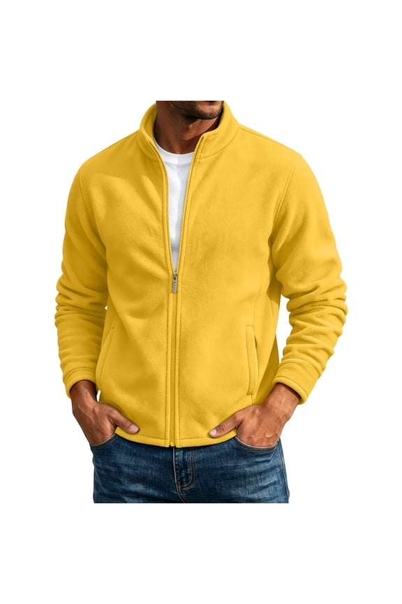 Men Long Sleeve Full Zip Stand Collar Polar Fleece Jacket Ribbed Cuff Hem Dual Side Hand Pockets Oversized Soft Windproof Transitional Outdoor Sweatshirt Yellow M