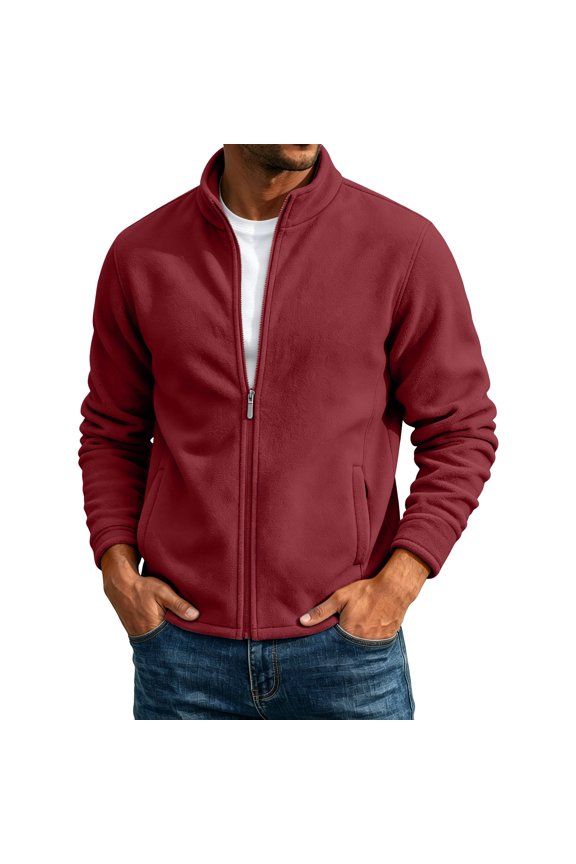 Men Long Sleeve Full Zip Stand Collar Polar Fleece Jacket Ribbed Cuff Hem Dual Side Hand Pockets Oversized Soft Windproof Transitional Outdoor Sweatshirt Red M