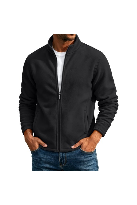 Men Long Sleeve Full Zip Stand Collar Polar Fleece Jacket Ribbed Cuff Hem Dual Side Hand Pockets Oversized Soft Windproof Transitional Outdoor Sweatshirt Black M