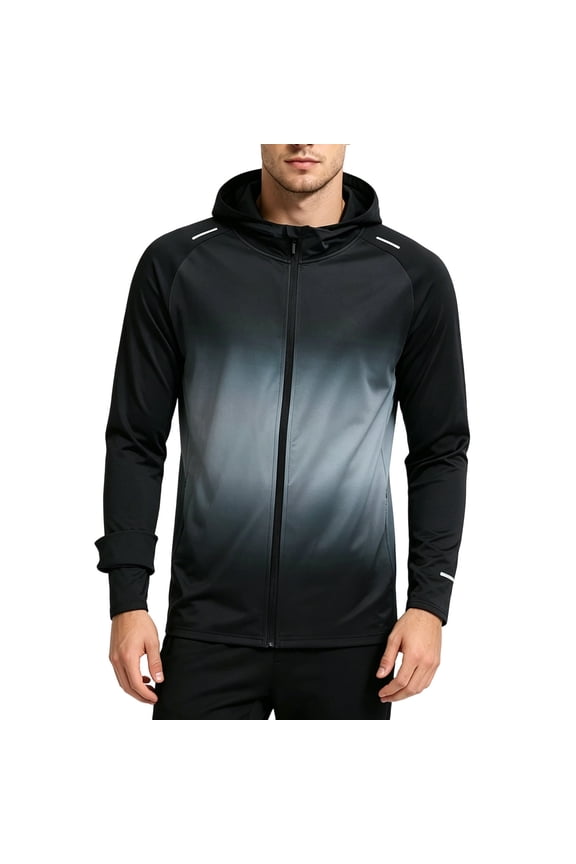 Men Long Sleeve Gradient Ombre Full Zip Hooded Athletic Jacket Reflective Shoulder Strip Raglan Sleeve Elastic Cuff Hem Lightweight Windproof Running Training Coat Gray XXXXXL