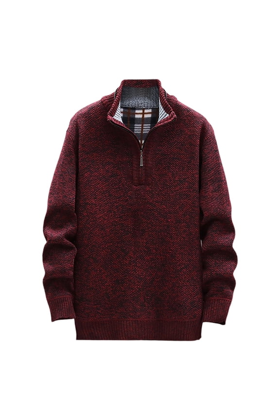 Men Long Sleeve Half Zip Heather Knit Sweater Stand Collar Plaid Inner Lining Ribbed Cuff Hem Warm Thick Vintage Fall Winter Casual Pullover Red M