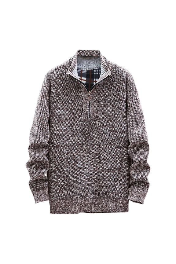 Men Long Sleeve Half Zip Heather Knit Sweater Stand Collar Plaid Inner Lining Ribbed Cuff Hem Warm Thick Vintage Fall Winter Casual Pullover Brown M
