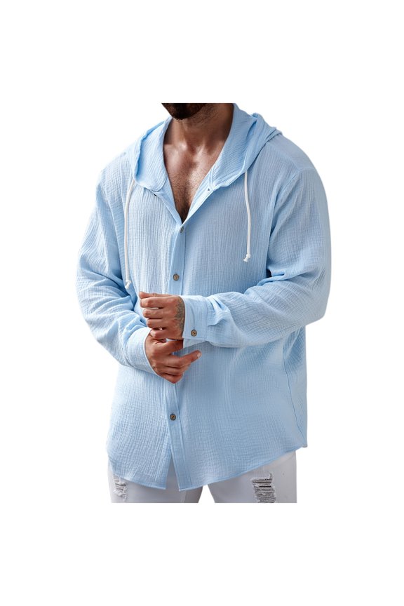 Men Long Sleeve Hooded Linen Button Up Shirt Drawstring Hood Wooden Button Front Oversized Drop Shoulder Lightweight Casual Shacket Blue M