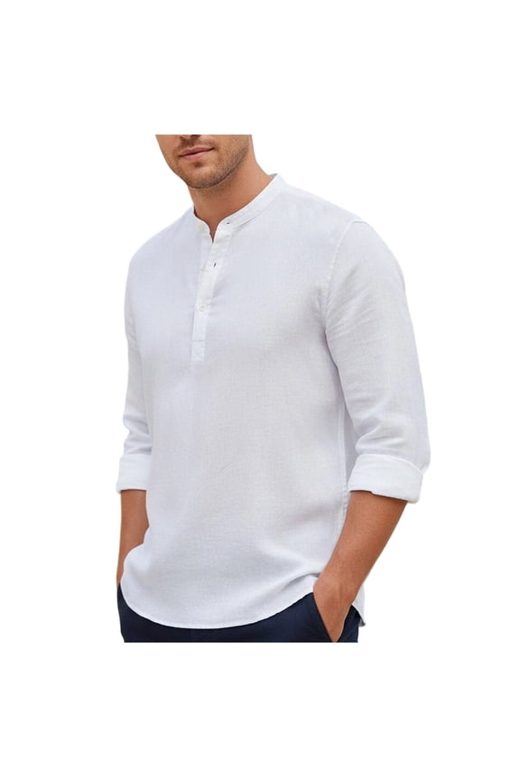 Men Long Sleeve Mandarin Collar Linen Henley Shirt Three Partial Button Placket Roll Up Sleeve Cuff Regular Fit Wrinkle Resistant Travel Daily Blouse White S