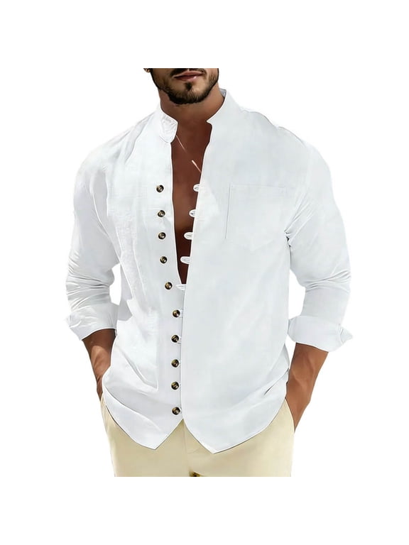Men Long Sleeve Mandarin Collar Textured Linen Button Down Shirt Double Row Metal Button Placket Rollable Cuff Curved Hem Loose Wrinkle Free Vacation Casual Blouse White S