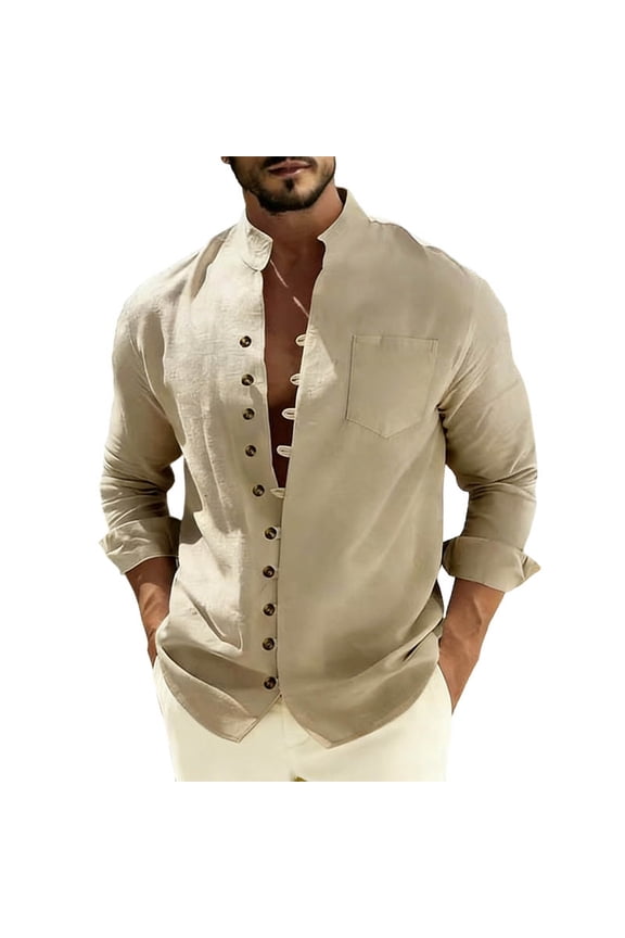 Men Long Sleeve Mandarin Collar Textured Linen Button Down Shirt Double Row Metal Button Placket Rollable Cuff Curved Hem Loose Wrinkle Free Vacation Casual Blouse Yellow M