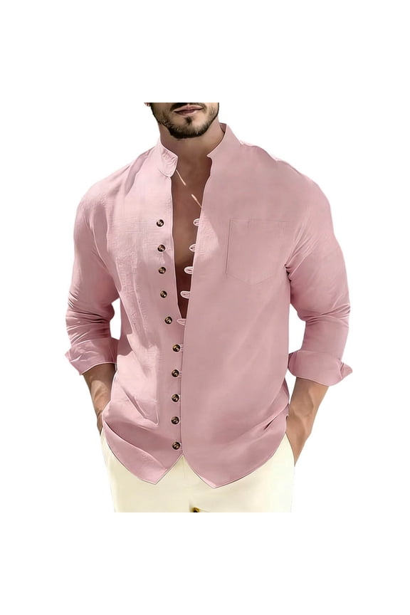 Men Long Sleeve Mandarin Collar Textured Linen Button Down Shirt Double Row Metal Button Placket Rollable Cuff Curved Hem Loose Wrinkle Free Vacation Casual Blouse Pink L