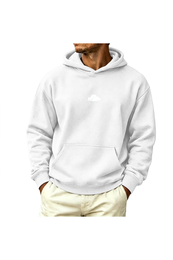 Men Long Sleeve Mini Cloud Print Pullover Hoodie Drawstring Hood Front Kangaroo Pocket Ribbed Cuff Hem Oversized Lightweight Fleece Everyday Casual Hood Top White XXL