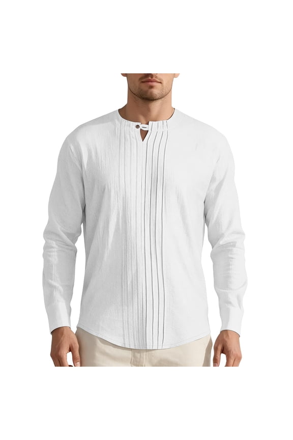 Men Long Sleeve Pleated Linen Blend Shirt Mandarin Stand Collar Partial Single Button Placket Vertical Front Pleats Loose Breathable Vacation Tunic White S