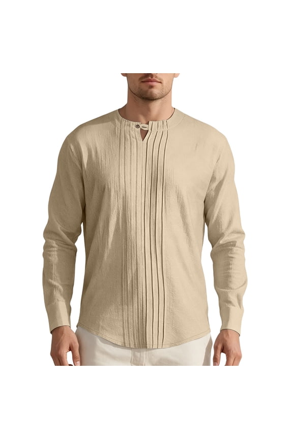 Men Long Sleeve Pleated Linen Blend Shirt Mandarin Stand Collar Partial Single Button Placket Vertical Front Pleats Loose Breathable Vacation Tunic Yellow L