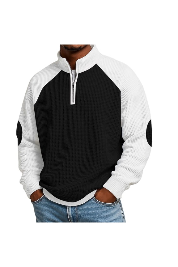 Men Long Sleeve Raglan Color Block Waffle Quarter Zip Stand Collar Sweatshirt Contrast Elbow Patches Elastic Cuff Hem Lightweight Transitional Daily Pullover Black M
