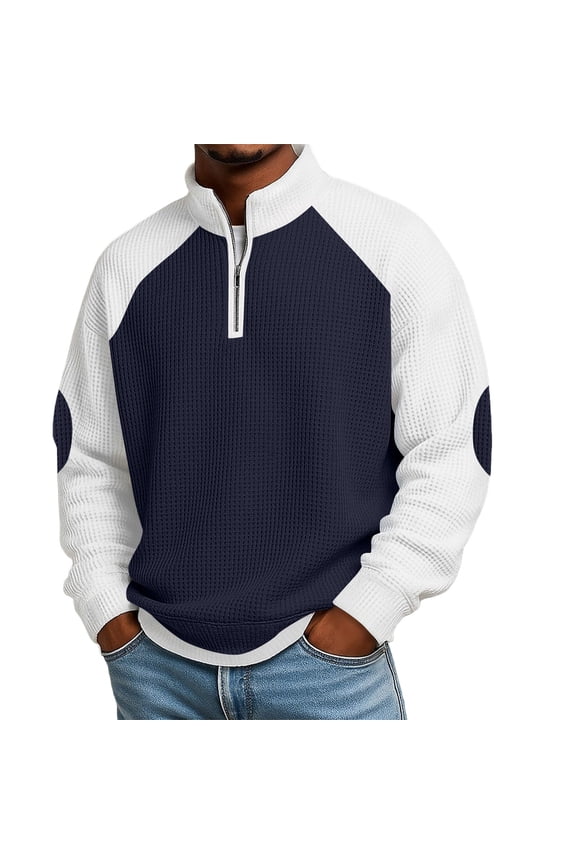 Men Long Sleeve Raglan Color Block Waffle Quarter Zip Stand Collar Sweatshirt Contrast Elbow Patches Elastic Cuff Hem Lightweight Transitional Daily Pullover Blue XXXXXL
