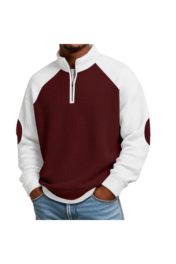 Men Long Sleeve Raglan Color Block Waffle Quarter Zip Stand Collar Sweatshirt Contrast Elbow Patches Elastic Cuff Hem Lightweight Transitional Daily Pullover Red XXXXL