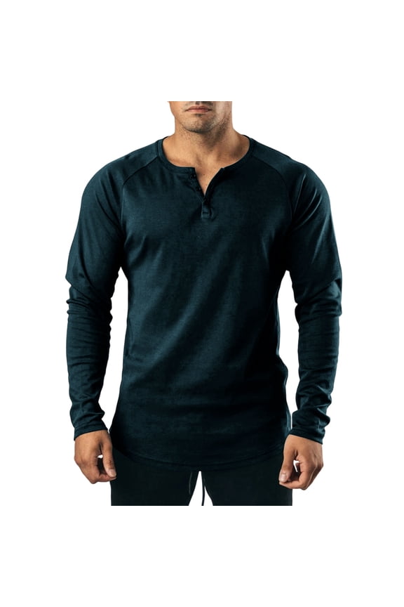 Men Long Sleeve Raglan Notch Henley T Shirt Two Button Placket Curved Hem Soft Cotton Blend Regular Fit Wrinkle Resistant Everyday Base Layer Tee Blue M