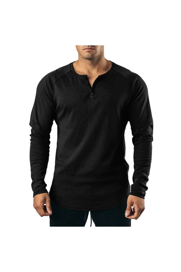 Men Long Sleeve Raglan Notch Henley T Shirt Two Button Placket Curved Hem Soft Cotton Blend Regular Fit Wrinkle Resistant Everyday Base Layer Tee Black M
