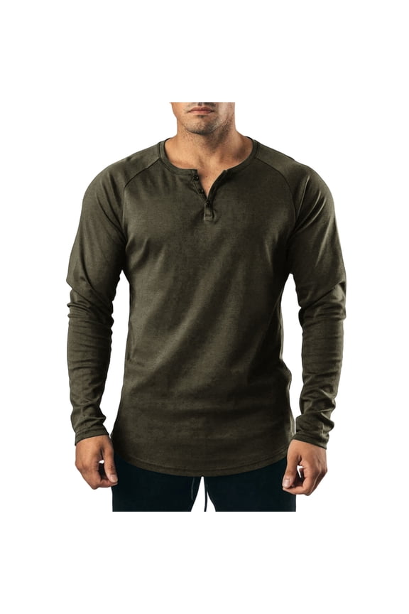 Men Long Sleeve Raglan Notch Henley T Shirt Two Button Placket Curved Hem Soft Cotton Blend Regular Fit Wrinkle Resistant Everyday Base Layer Tee Green M