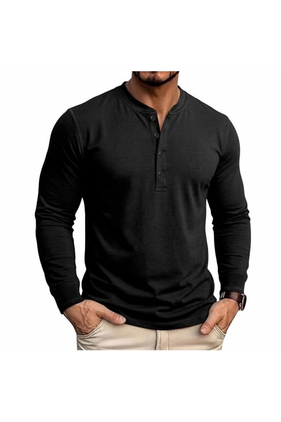 Men Long Sleeve Solid Crew Neck Henley T Shirt Four Button Notch Placket Soft Cotton Blend Curved Hem Regular Fit Daily Layering Casual Base Tee Black M