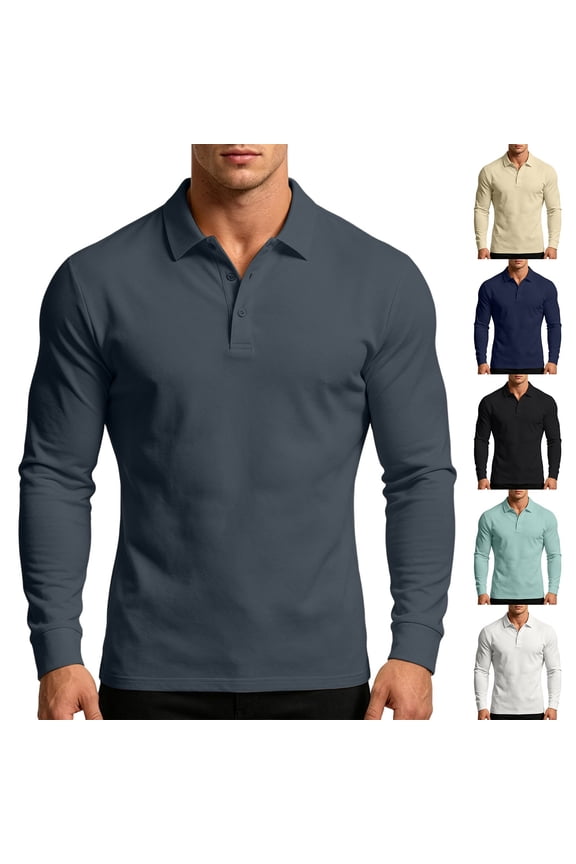 Men Long Sleeve Solid Shirt Lapel Collar Two Button Henley Placket Ribbed Cuff Regular Fit Soft Breathable Daily Business Casual Pullover Beige L