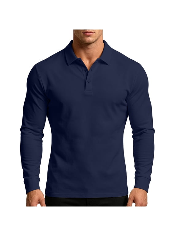 Men Long Sleeve Solid Shirt Lapel Collar Two Button Henley Placket Ribbed Cuff Regular Fit Soft Breathable Daily Business Casual Pullover Blue XL
