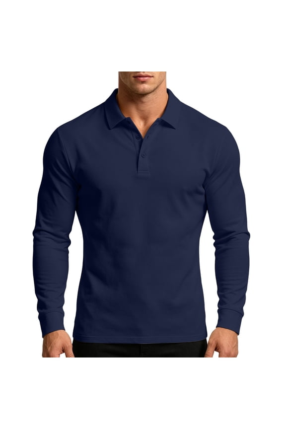 Men Long Sleeve Solid Shirt Lapel Collar Two Button Henley Placket Ribbed Cuff Regular Fit Soft Breathable Daily Business Casual Pullover Blue M